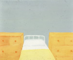 A small bed in-between two yellow chests