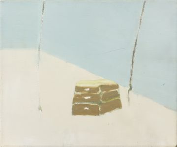 An abstract landscape with a wooden structure.