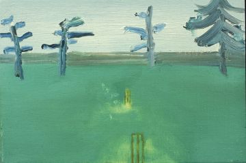 Cricket stumps and trees next to the seashore.