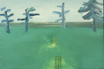 Cricket stumps and trees next to the seashore