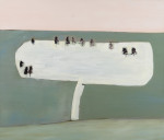 A painting of a white field with black trees