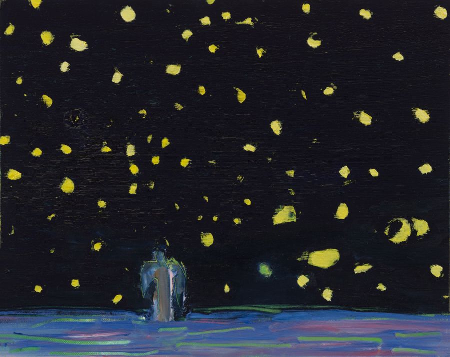 A figure in the sea on a starry night.