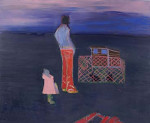 A mother and a child gazing over rabbits in a cage and a small shed