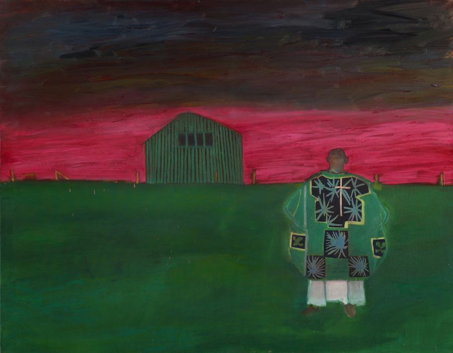 A figure facing the red sky and a green barn at night.