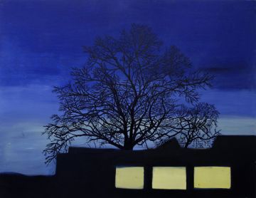 The silhouette of a studio building and a tree against the night-sky.