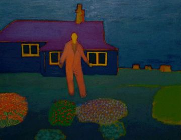 An orange figure standing in a garden in front of a house.