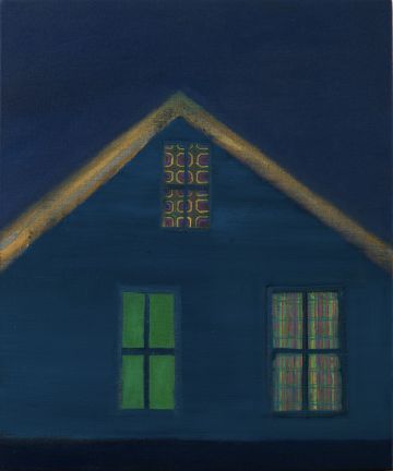 A blue house with three windows.