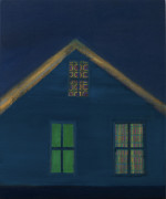 A blue house with three windows