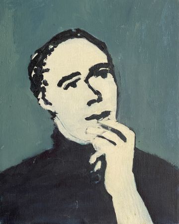 Portrait of a man with his hand to his mouth.