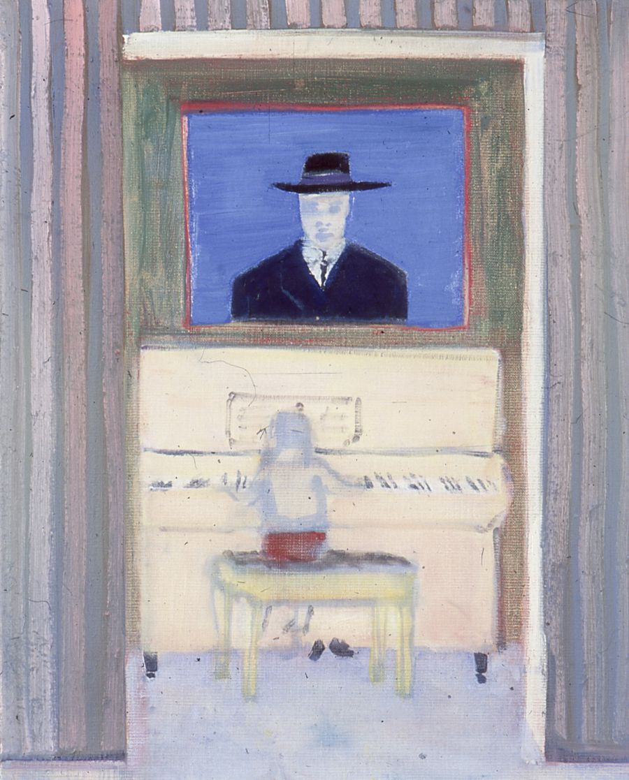 A young person playing the piano with a portrait of a man wearing a hat on the wall above.
