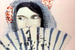 Portrait of a woman with a decorative veil and a fan