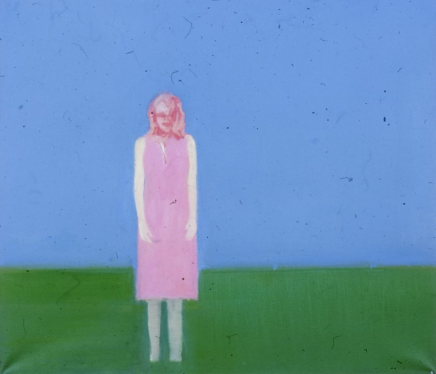 A figure in a pink dress in a flat landscape.