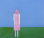 A figure in a pink dress in a flat landscape