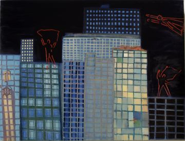 Three figures over a blue city.