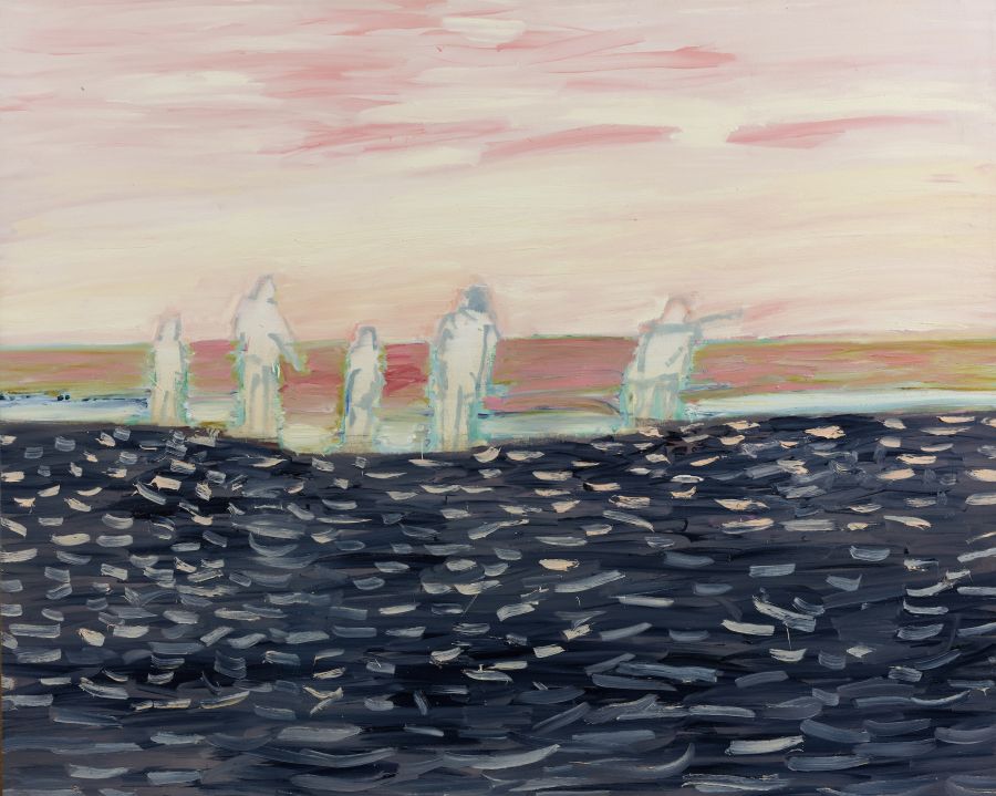 Five figures on the seashore with a pink sky.
