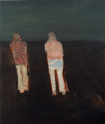 Two figures walking in a field at night