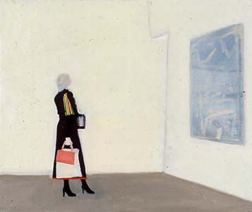 A figure in dark suit and heels staring at a painting on the wall inside a gallery.