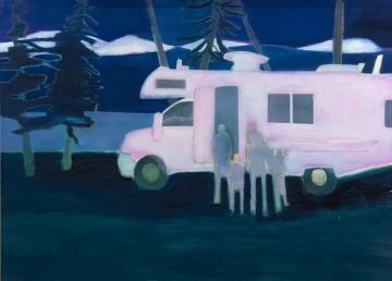 A family of four in front of a pink motorhome at night.