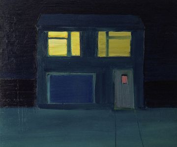 A house at night with yellow windows.