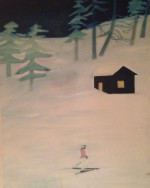 A figure skiing with a lit-up cabin next to trees at night