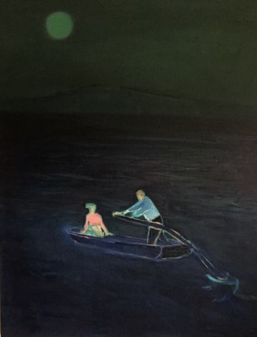 Two figures rowing out at sea at night-time with a moon glowing in the distance.