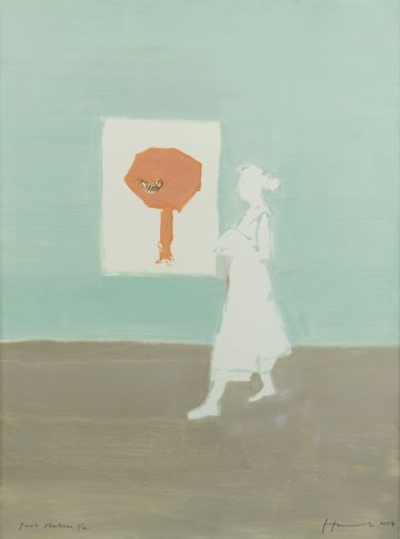 Silhouette of a white figure in gallery looking at a painting.