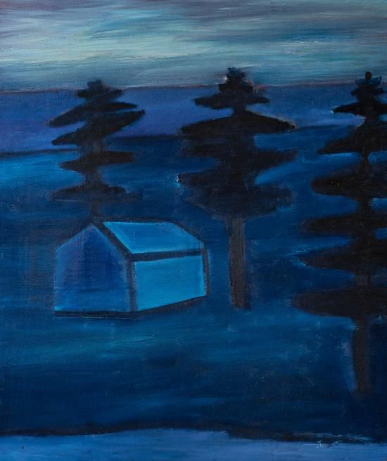 A blue shack and three trees beside the seashore.