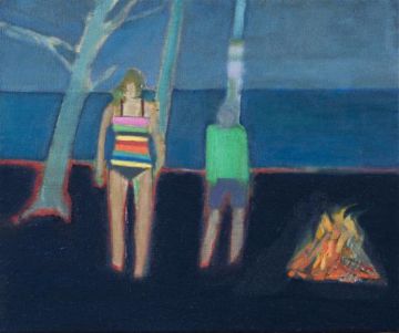 Two figures standing next to a fire on the seashore.