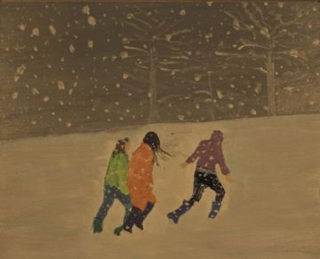 Three girls walking in the snow.