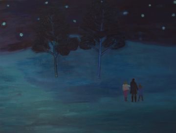 A family of three walking at night under the stars.