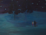 A family of three walking at night under the stars
