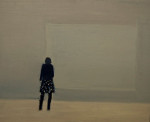 Silhouette of a woman from behind staring at a painting on the wall inside a gallery