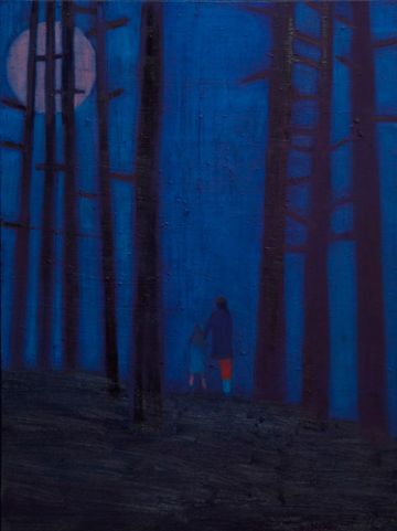 A painting of two figures walking through a moon-lit woods.