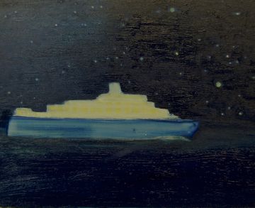 A ship at sea under the starry night.
