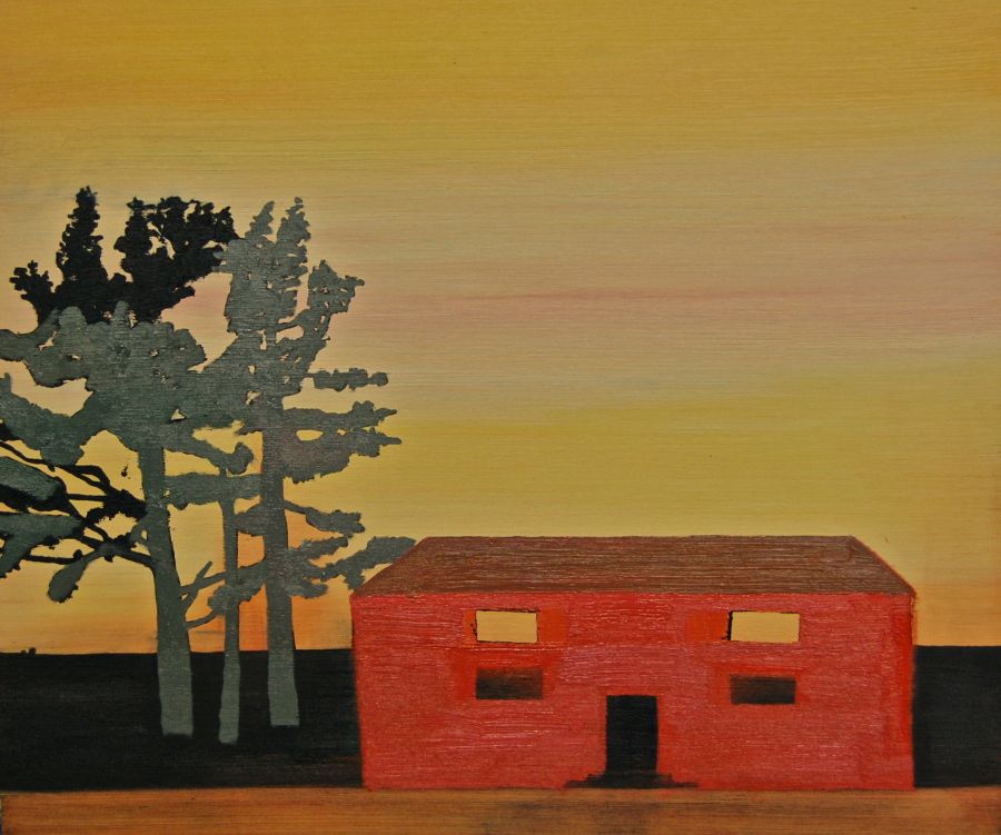An orange barn with three trees against a yellow sky.