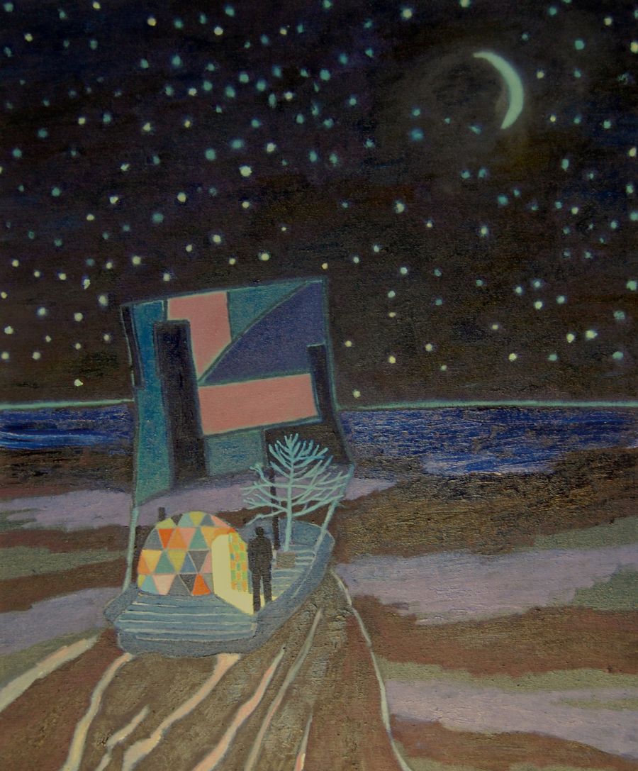 A figure and a technicolour dome on a raft floating out to sea under the starry night.