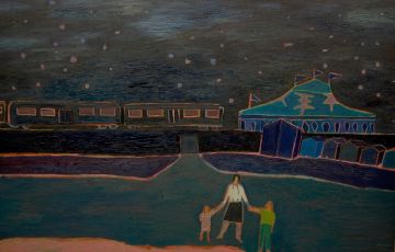 A mother and two children standing in front of a circus under a starry night sky.