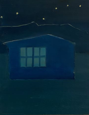 A blue house under a starry sky.