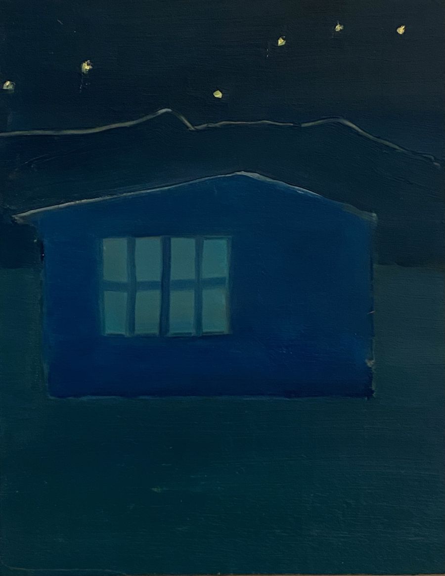 A blue house under a starry sky.