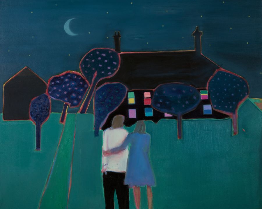 Two figures holding one another in front of a house under the starry sky.