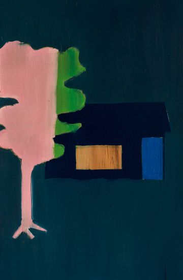 A blue shack with a pink tree in front of it.