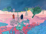 Two figures in a pink and blue floral landscape at night