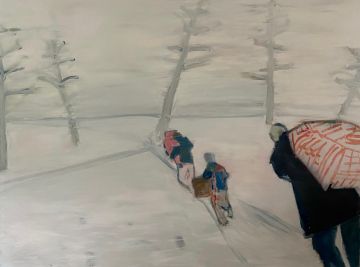 Figures walking down a snowy woodland path.