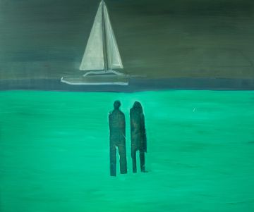Two green figures looking at a sailing boat at sea.