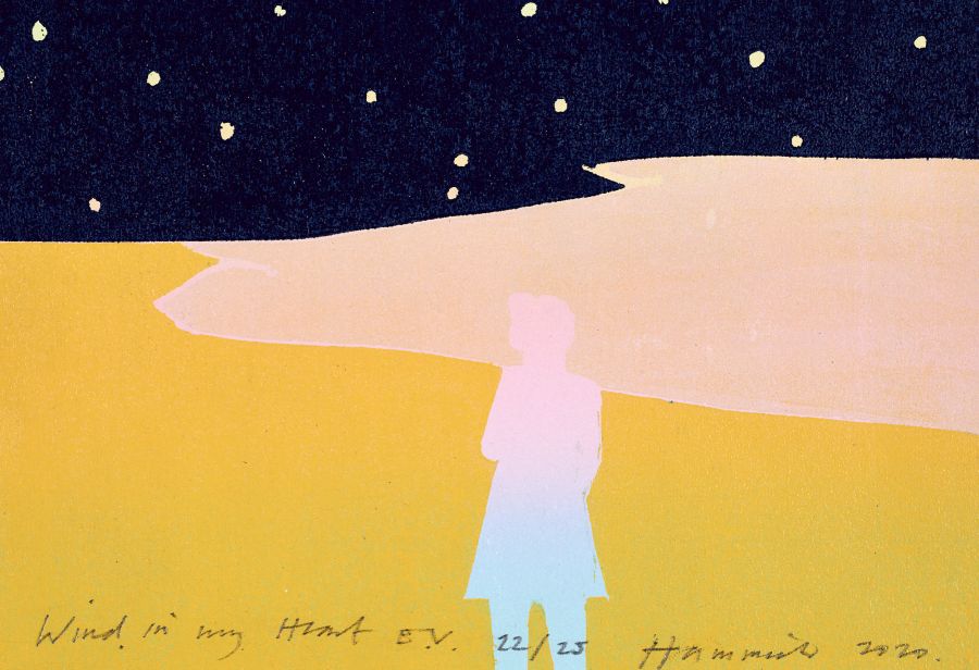 A figure in a yellow and pink landscape on a starry night.
