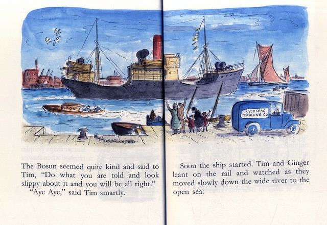 Scan of a book page of a boat dock illustration with writing beneath.