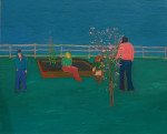 Figures stranding in a fenced garden with a cherry tree
