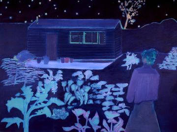 A blue landscape of a figure in a blue garden gazing at a shed under the starry night.