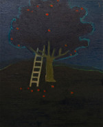 An apple tree with a ladder in the night