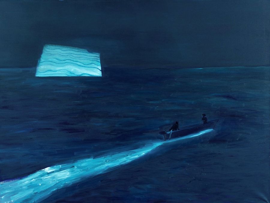 A blue seascape of two figures in a boat.